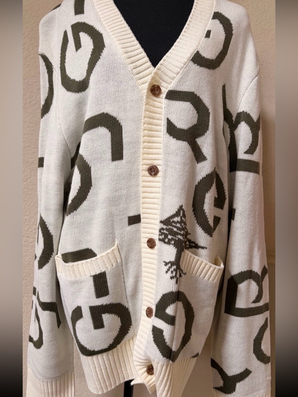 Lrg Cream Cardigan Sweater with Olive Graphic